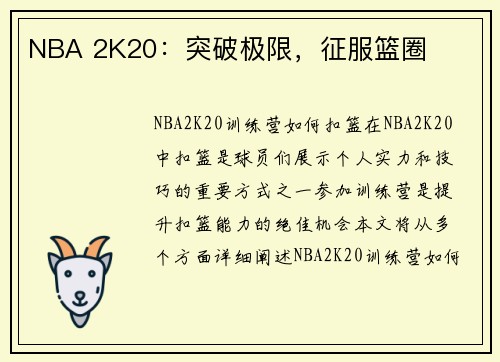 NBA 2K20：突破极限，征服篮圈